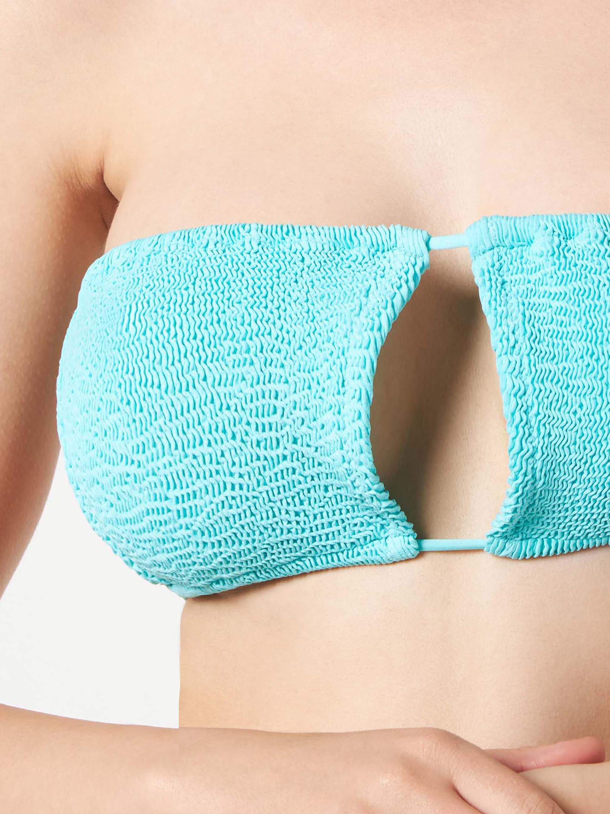 Lyam Water Green Crinkle Solid Bandeau Bikini Top
