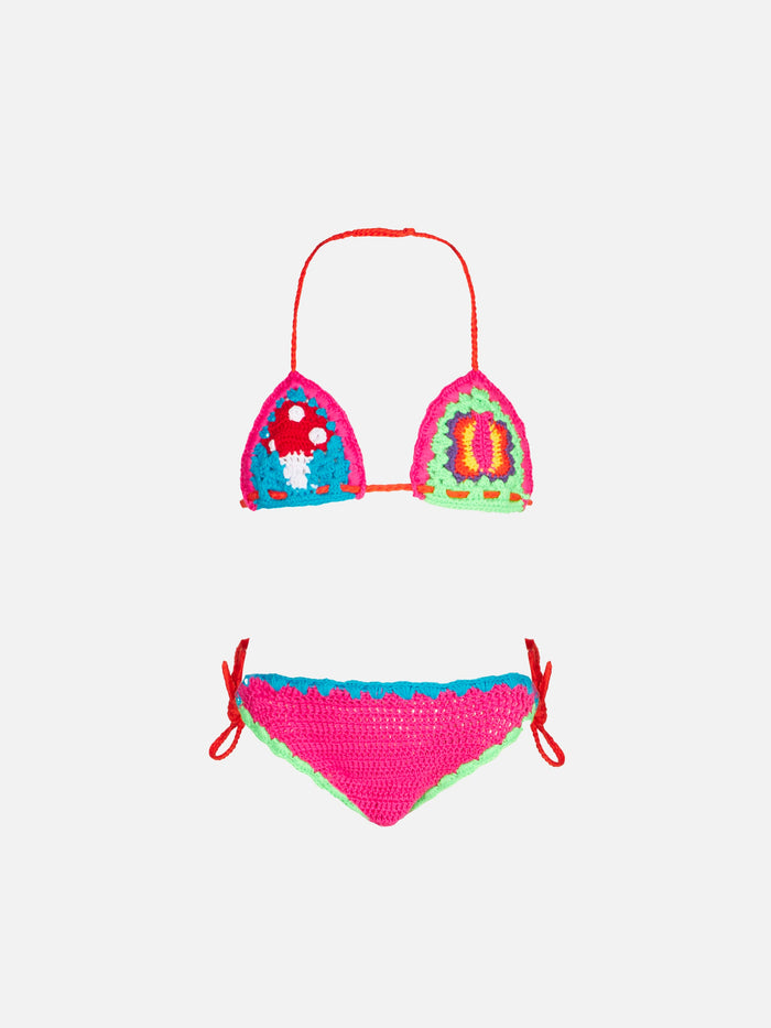 Girl Multicolor Crochet Bikini With Patches Pink
