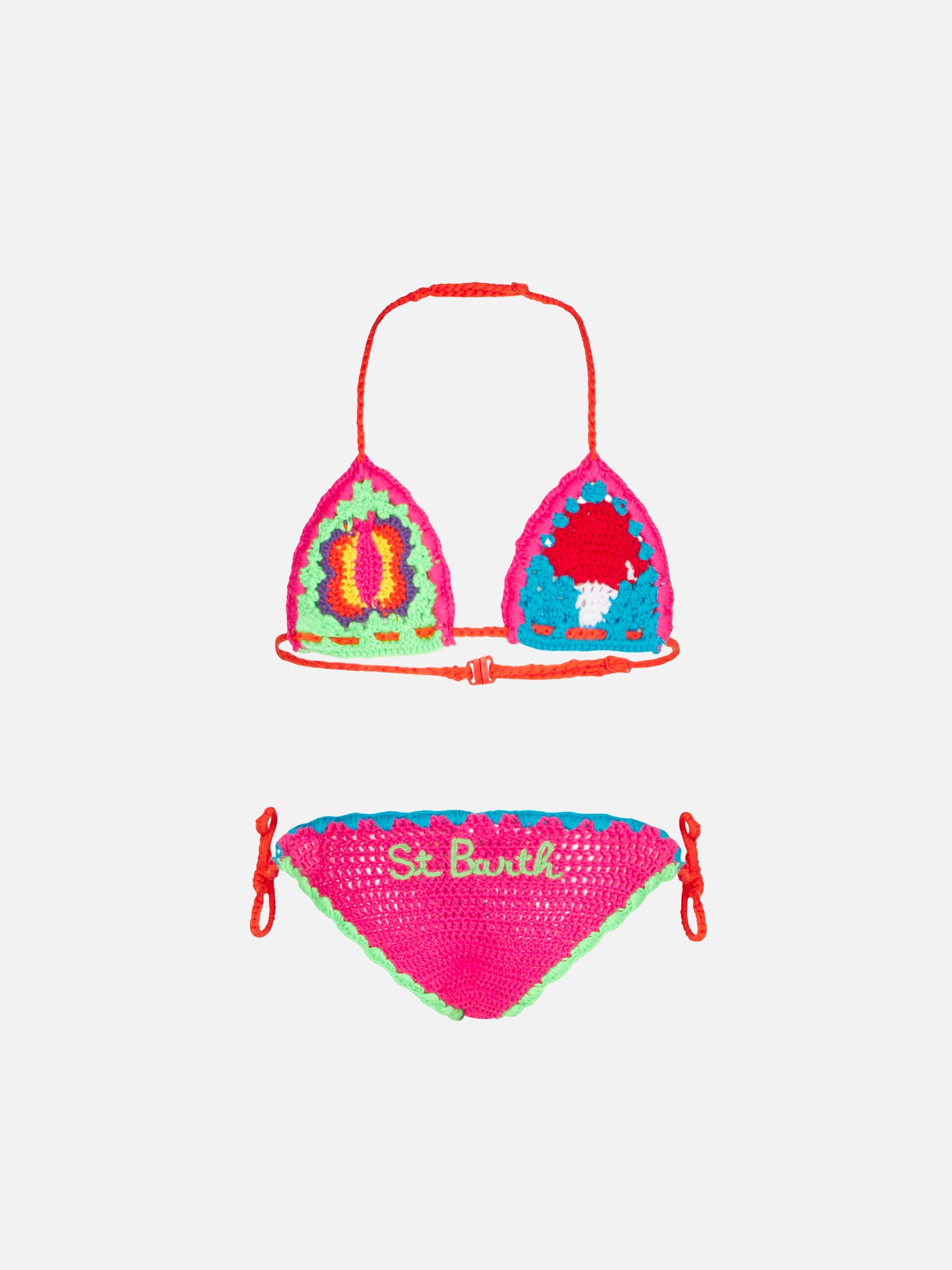 Girl Multicolor Crochet Bikini With Patches Pink