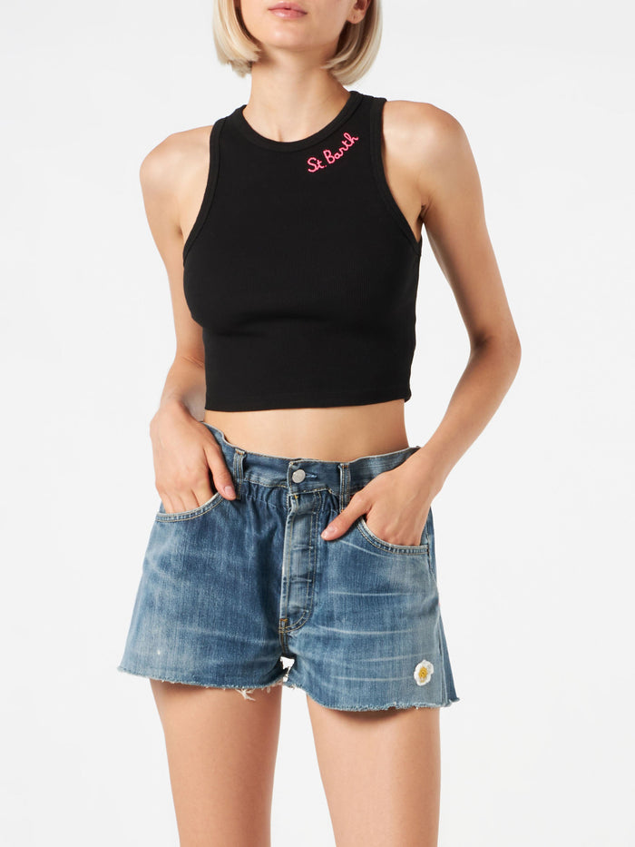 Cotton Crop Tank Top With St. Barth Embroidery Black T-shirt