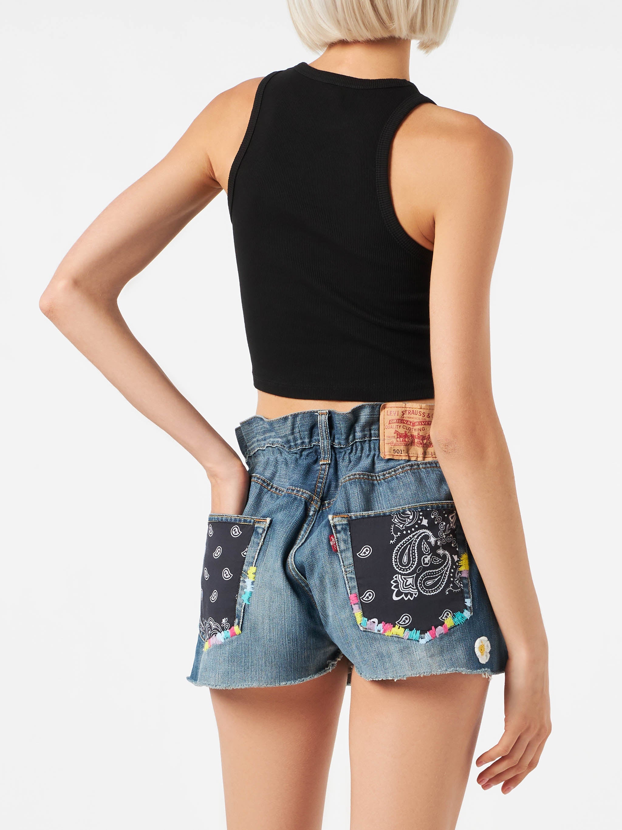 Cotton Crop Tank Top With St. Barth Embroidery Black T-shirt
