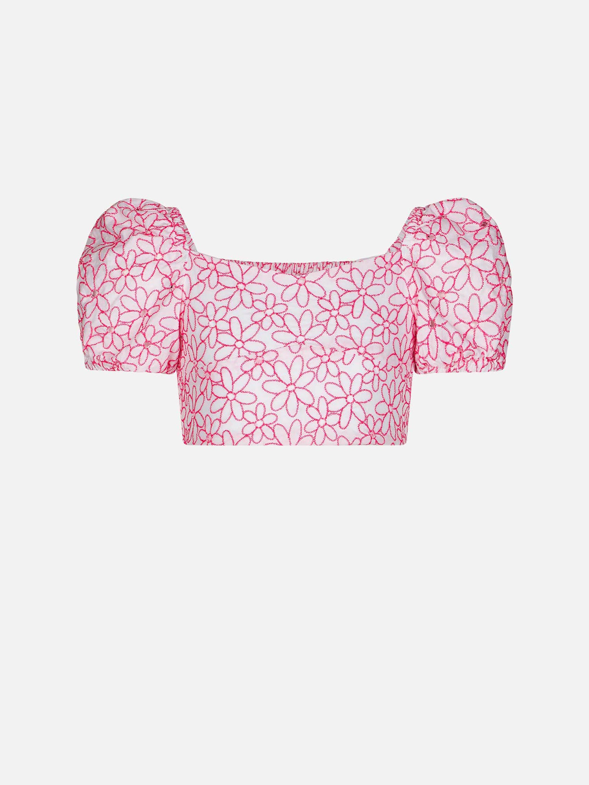 Girl Crop Top With Daisy Embroidery White Top_apparel
