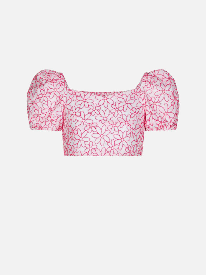 Girl Crop Top With Daisy Embroidery White Top_apparel