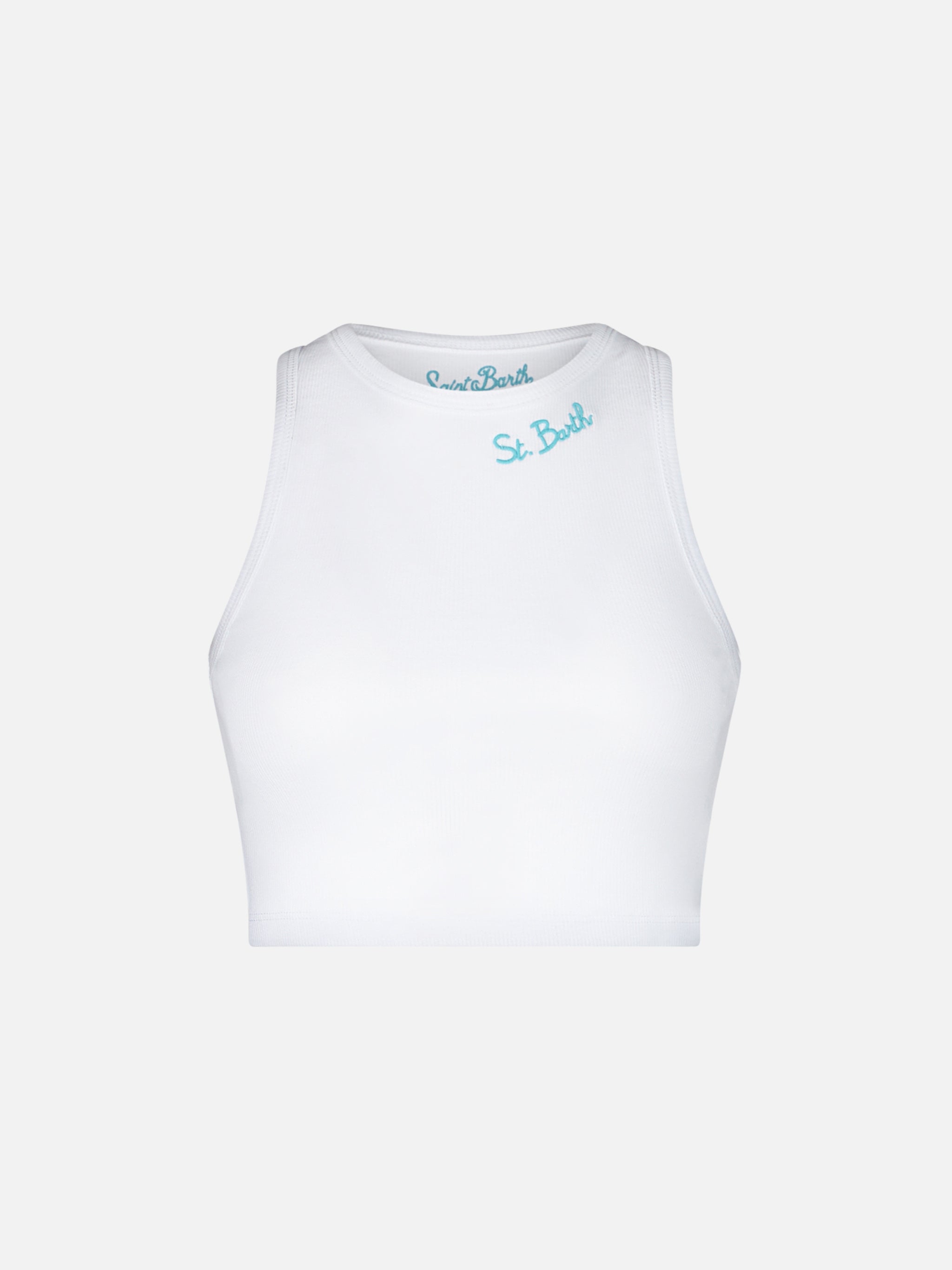 Cotton Crop Tank Top With St. Barth Embroidery | Melissa Satta Special Edition White T-shirt