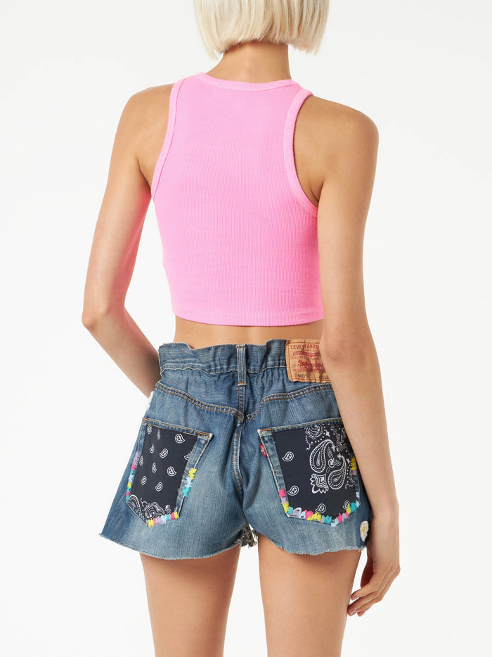 Cotton Crop Tank Top With St. Barth Embroidery Pink T-shirt