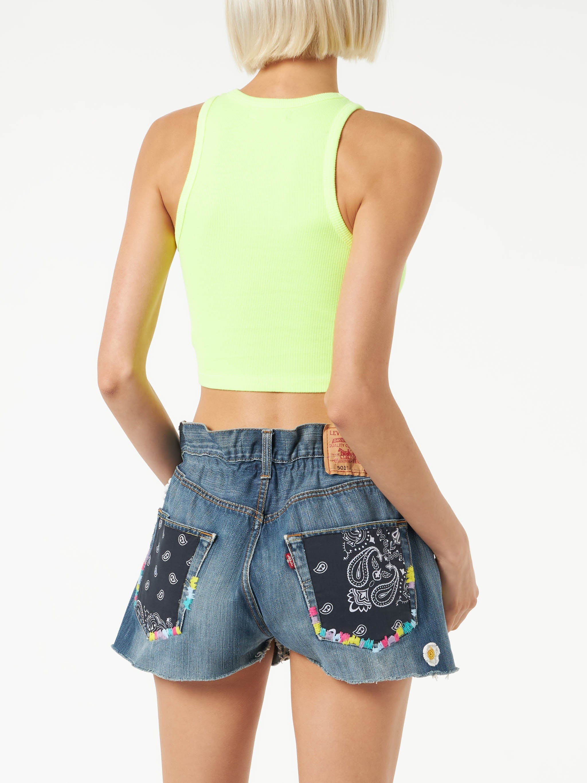 Cotton Crop Tank Top With St. Barth Embroidery Yellow T-shirt