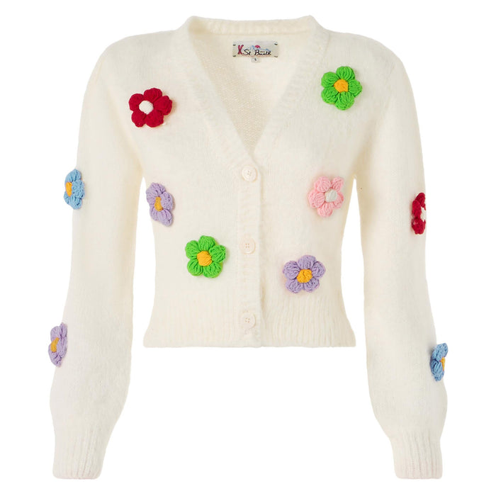 Lyza Soft Cropped Cardigan With Daisy Appliqués White