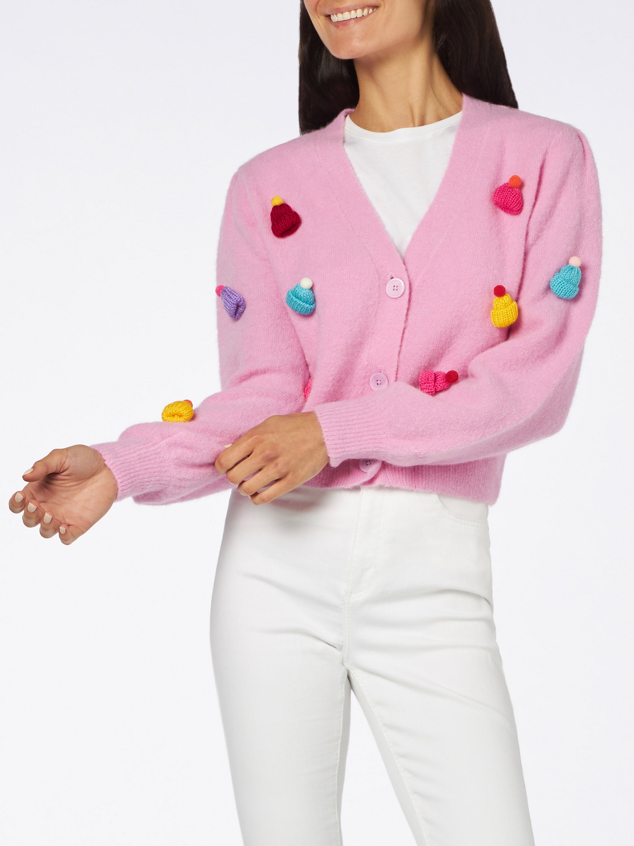 Lyza Soft Cropped Cardigan With Crochet Hearts Pink