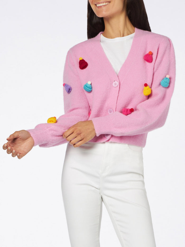 Lyza Soft Cropped Cardigan With Crochet Hearts Pink
