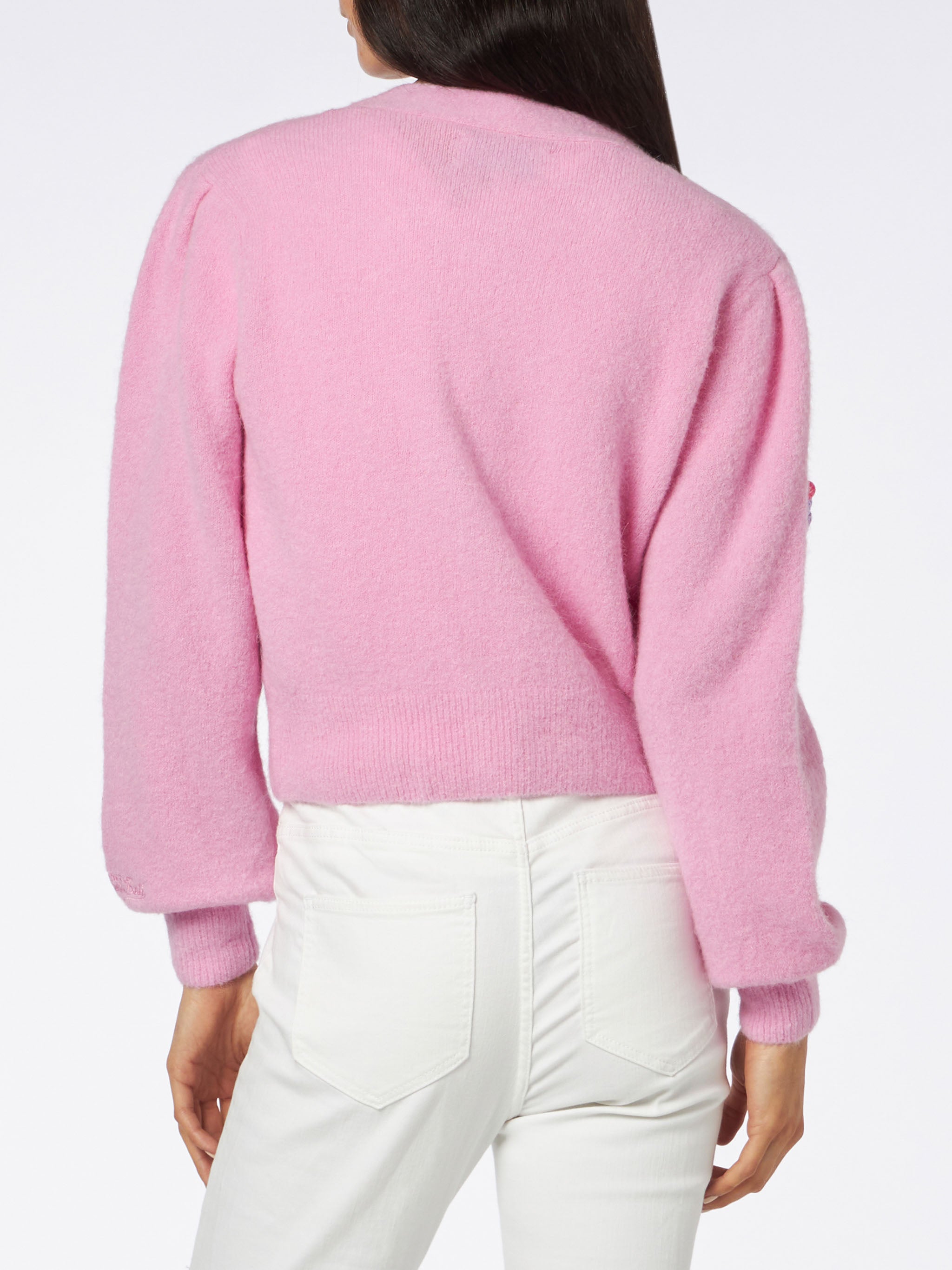 Lyza Soft Cropped Cardigan With Crochet Hearts Pink