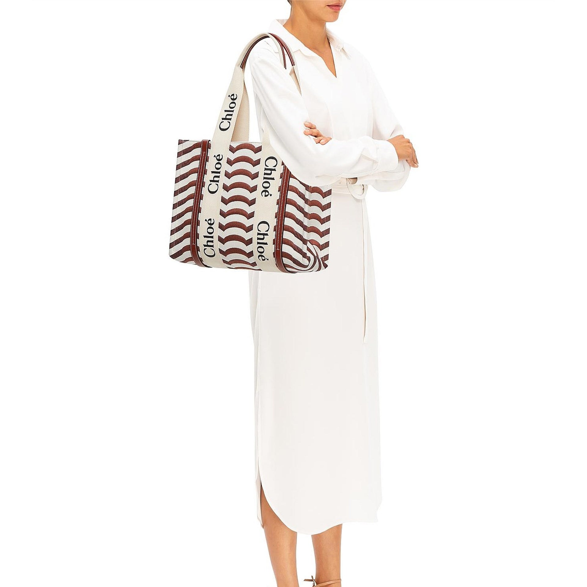 Chloé Woody Medium Tote Bag Beige Linen