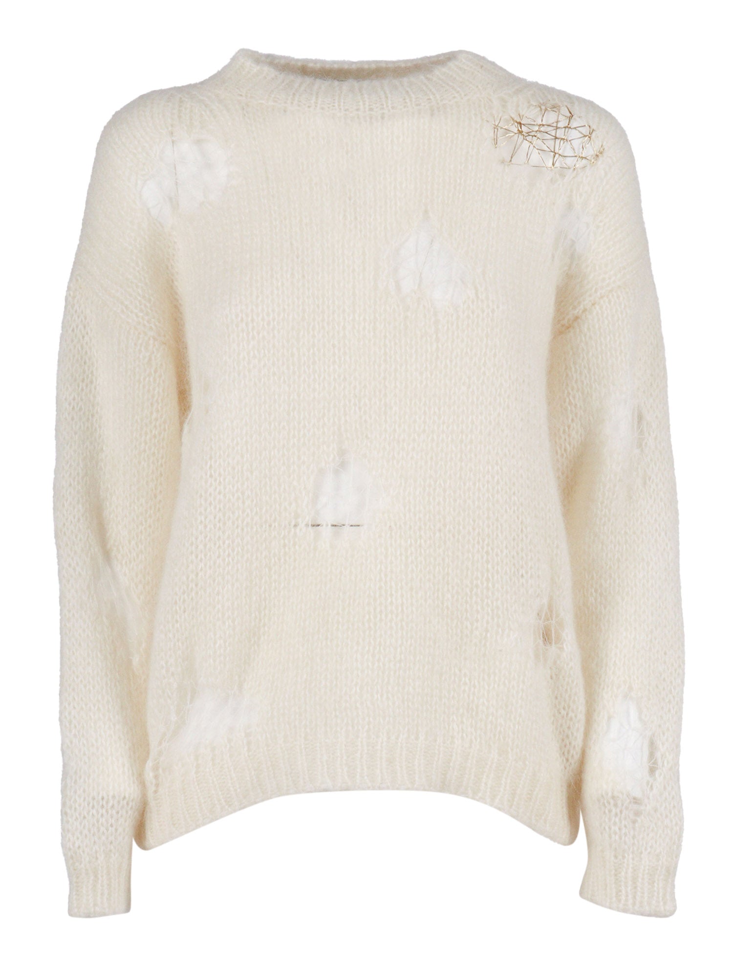 Mohair Ripped Effect Crewneck Sweater With Gold Detail White Nylon Virgin Wool