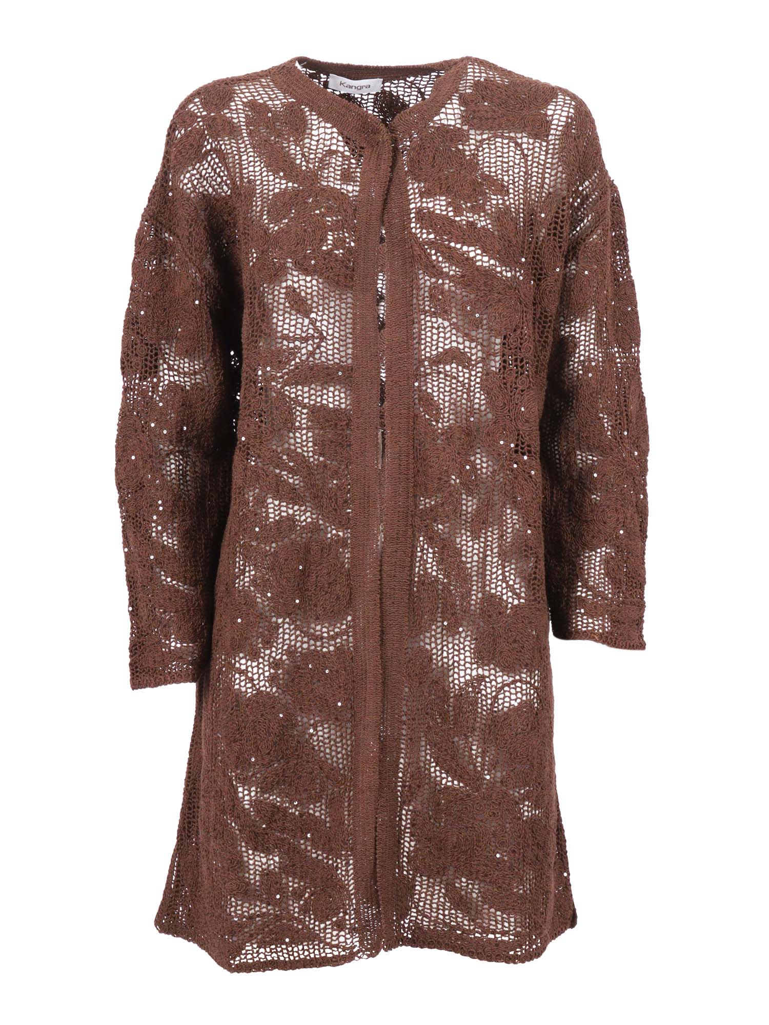 Duster Coat With Cornely Embroidery And Sequins Brown Cotton Polyamide