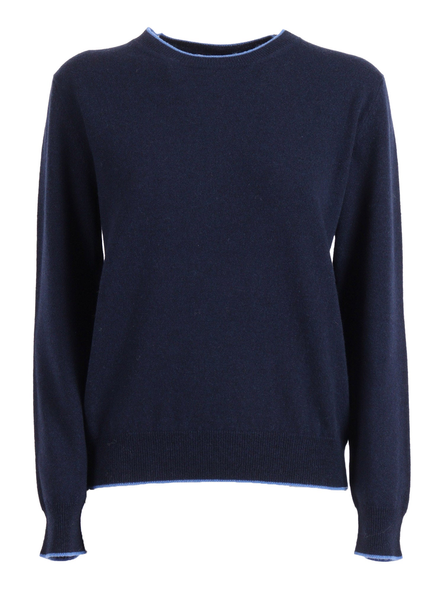 Crew Neck With Contrasting Edges Blue Wool Cashmere Crewneck