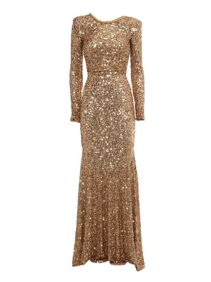 Long Dress Gold Polyester Elastane