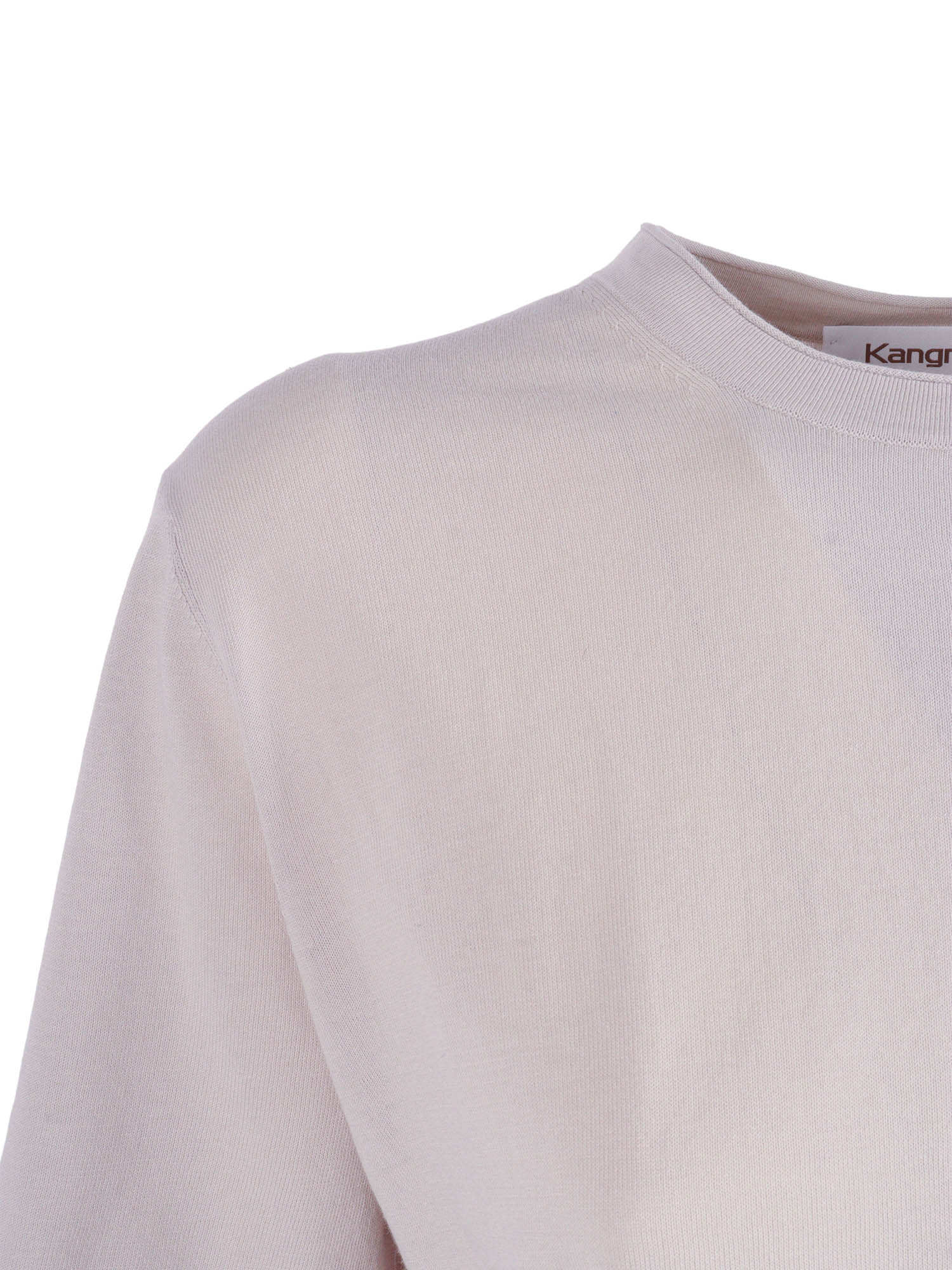 Short-Sleeved Fully-Fashioned Crew Neck Sweater Beige Cotton Crewneck