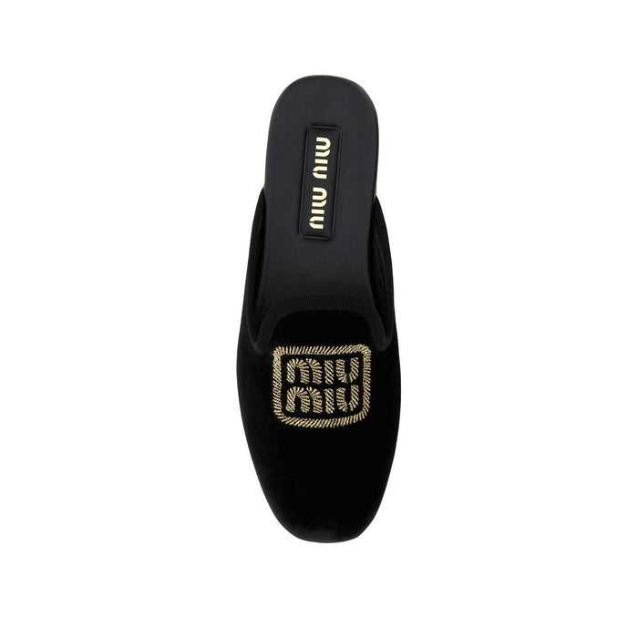 Logo Embroidered Slip-On Mules Black Calf Leather