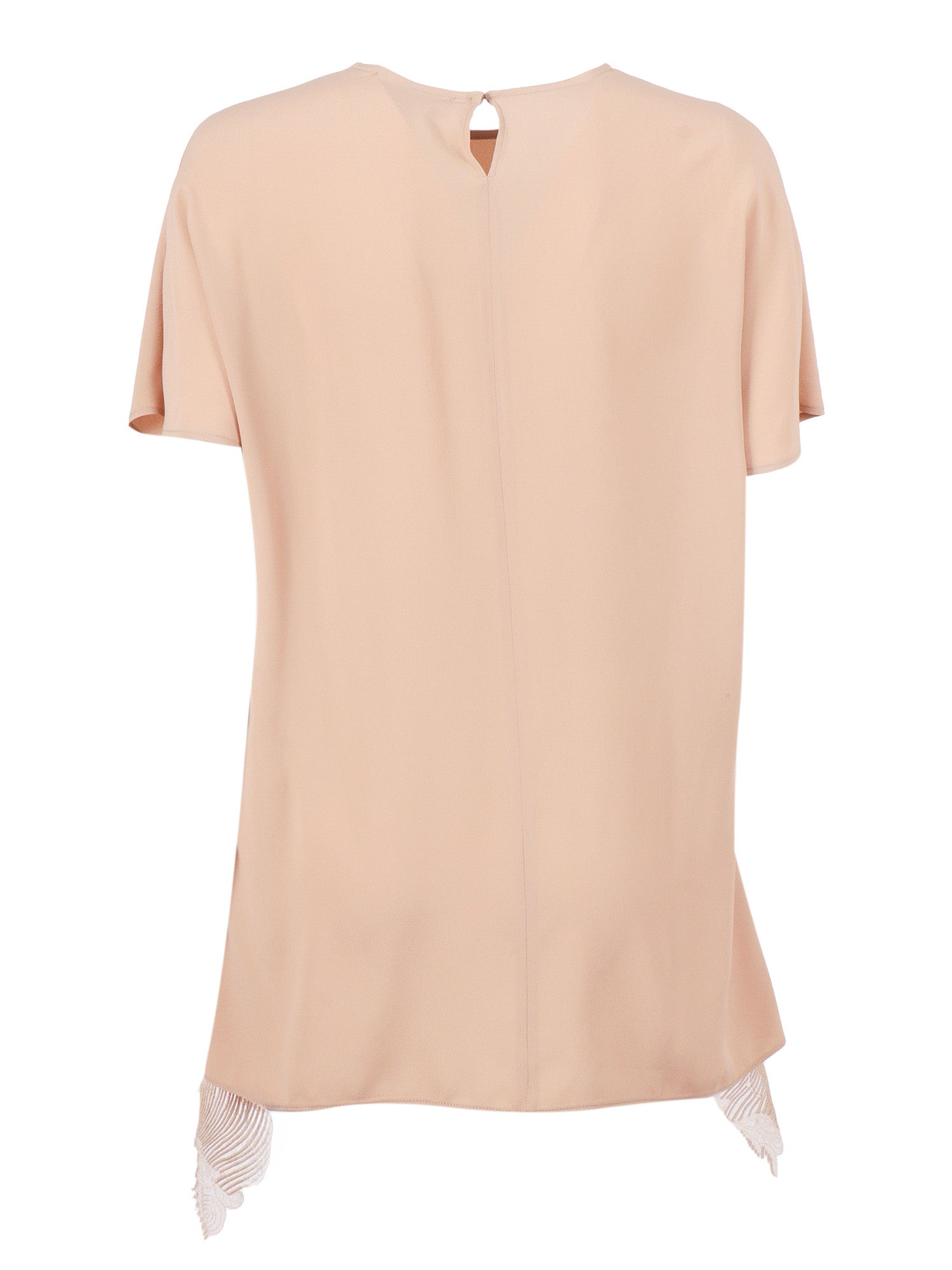 Crepe De Chine Short Sleeve Top With Lace Bottm Band Pink Acrylic Silk