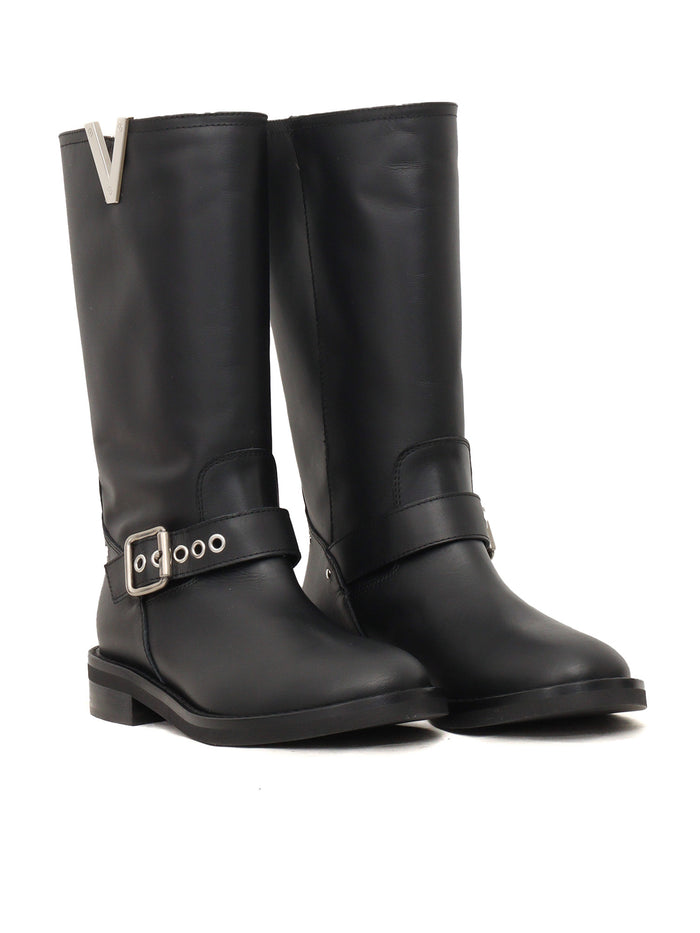 Buckles V Nickel Biker Boots Black Leather Sole Rubber