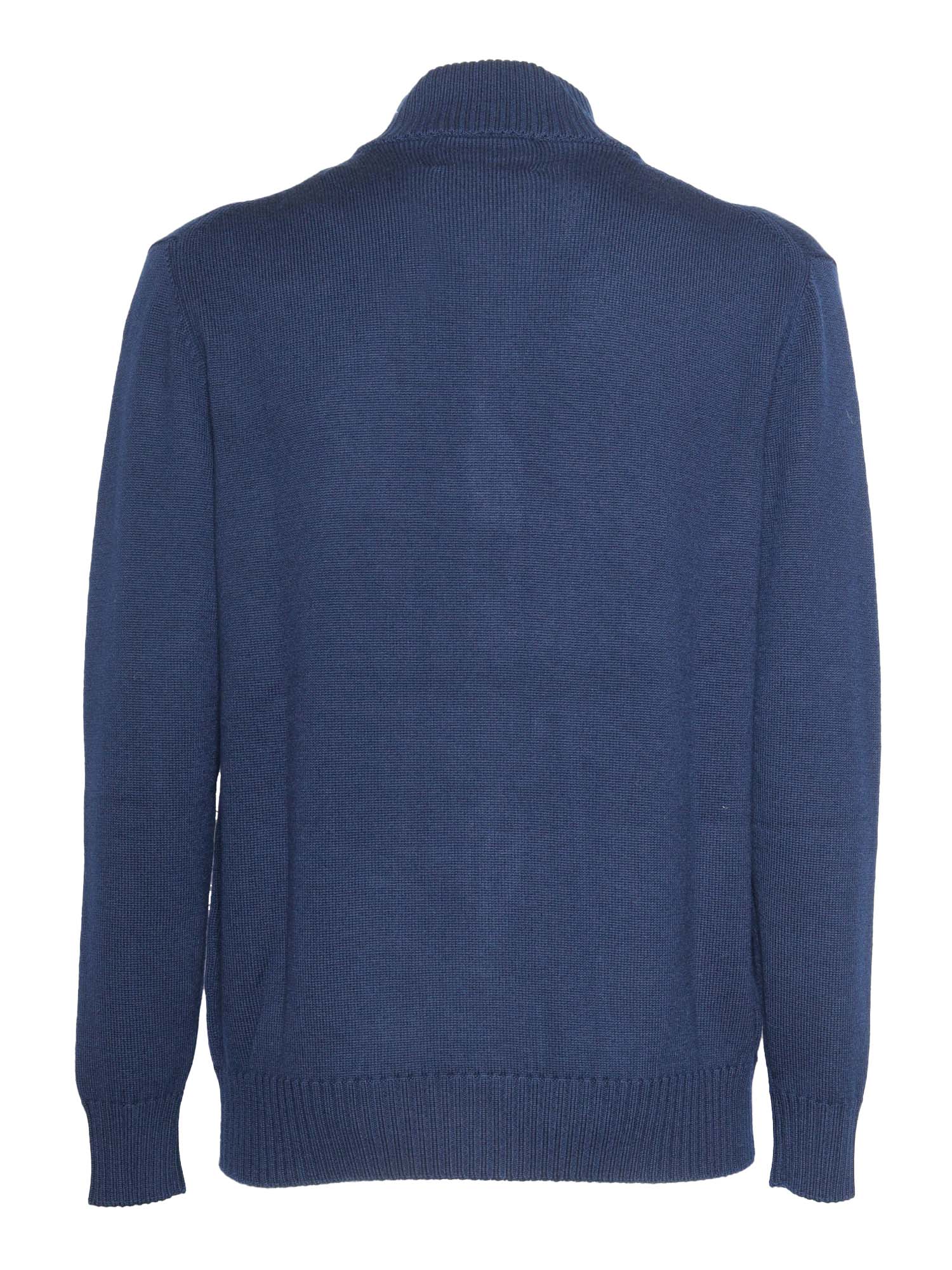 T Neck Zipped Cardigan Blue Wool