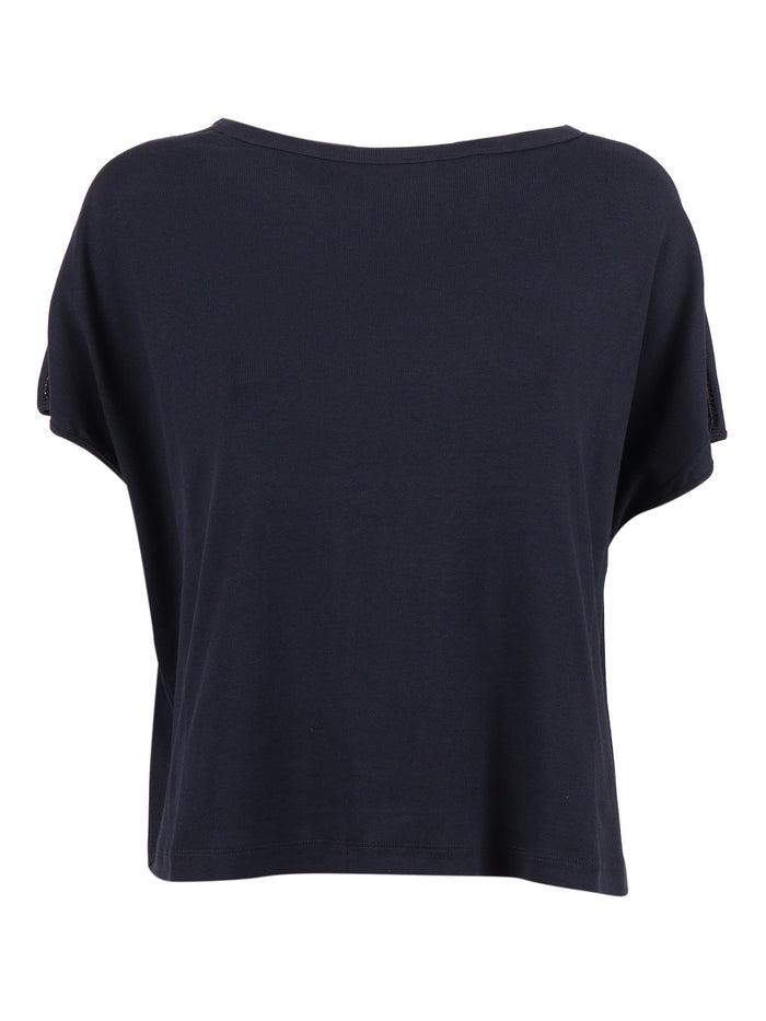 Ribbed Jersey T-Shirt With Knit Detail On Shoulder Blue Cotton Elastane