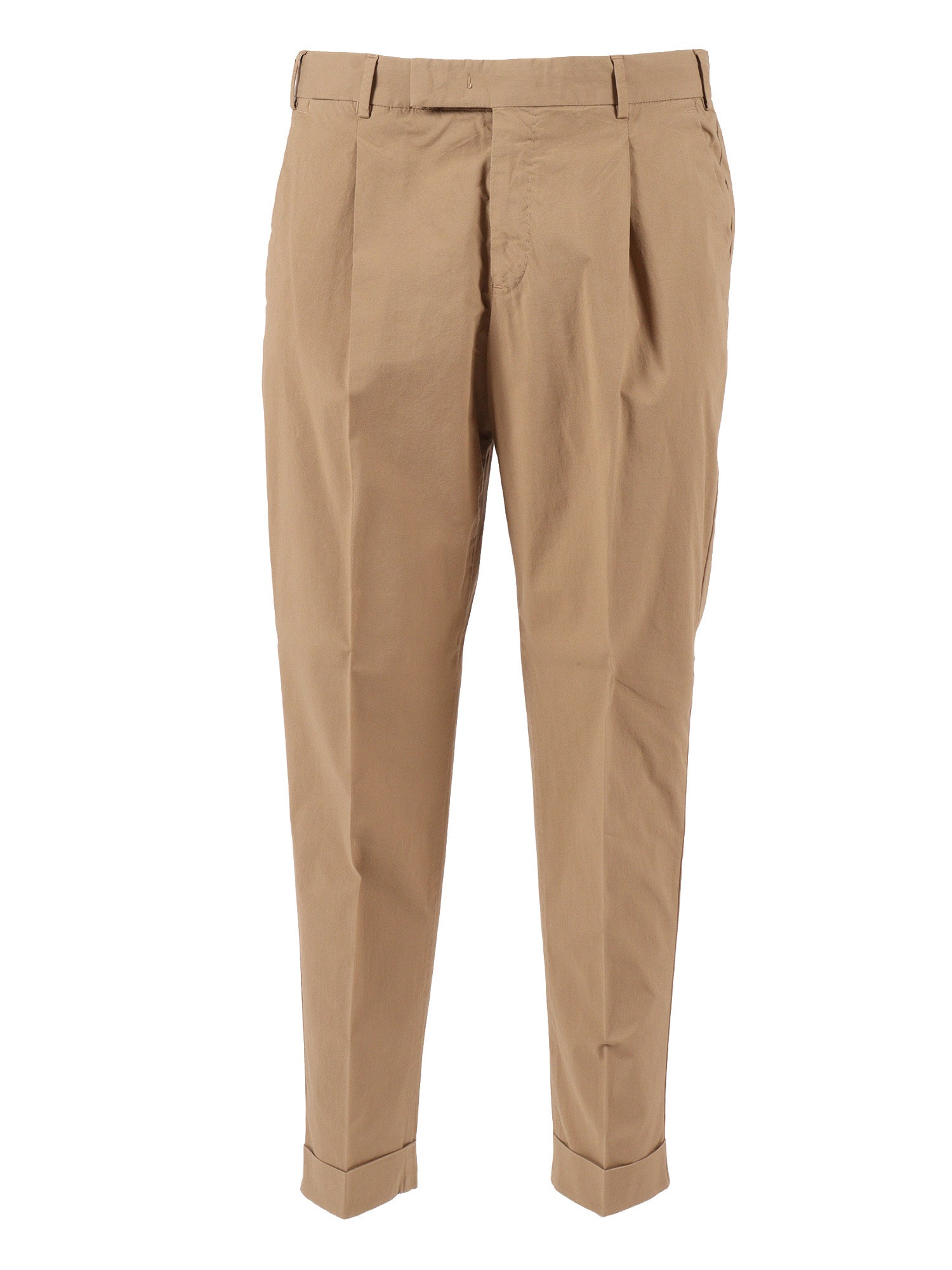 REBEL 1 Pleat, Diagonal Pockets, Flap Back Turn-Up Beige Cotton Elastane Pant