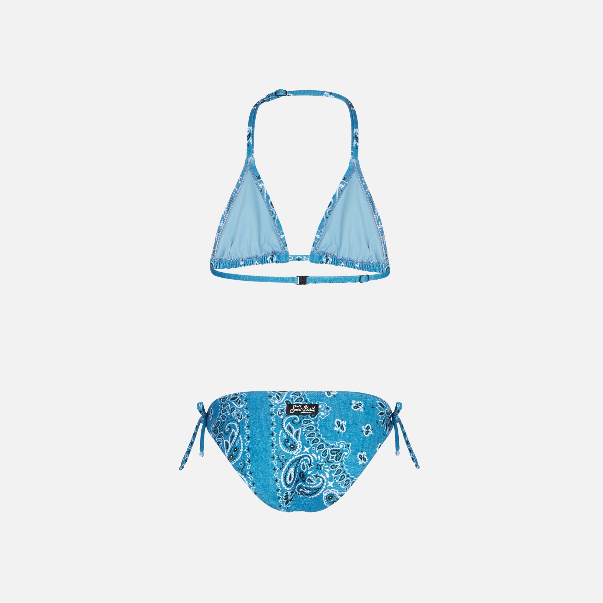 Girl Triangle Bikini With Denim Bandanna Print Sky