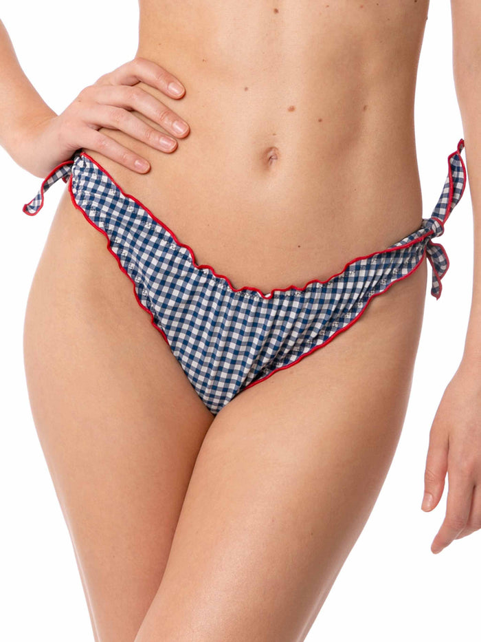 Woman Ruffled Swim Briefs With Gingham Print Blue Bottom