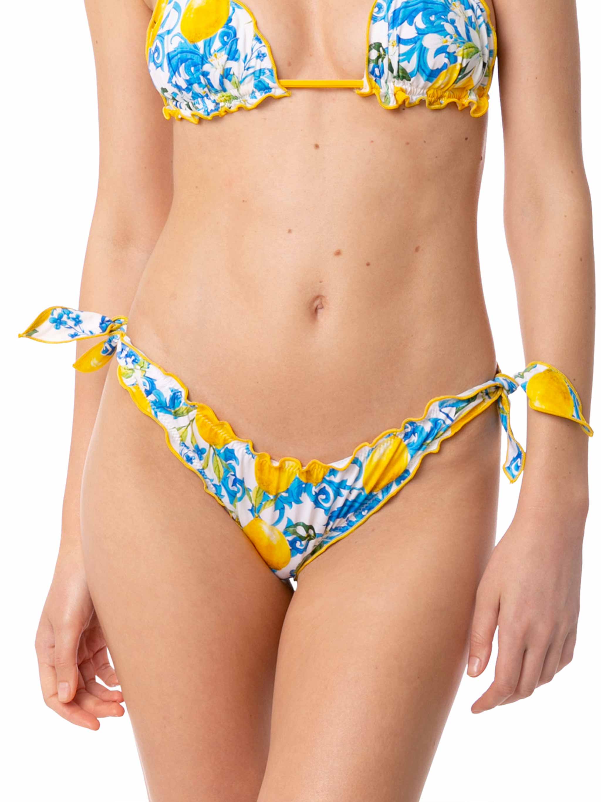 Venus Cheeky Swim Briefs With Lemon And Light Blue Pattern White Bottom