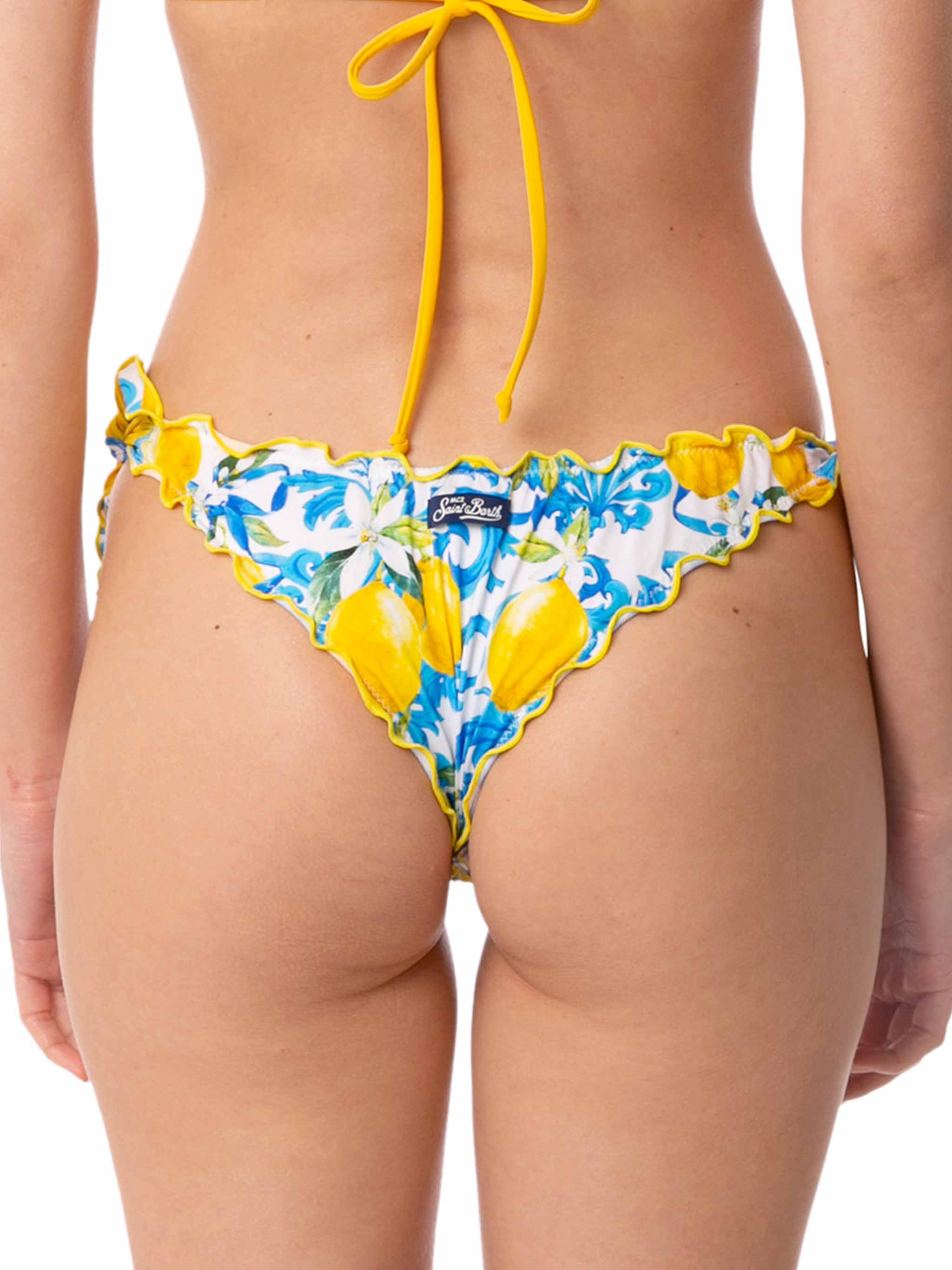 Venus Cheeky Swim Briefs With Lemon And Light Blue Pattern White Bottom