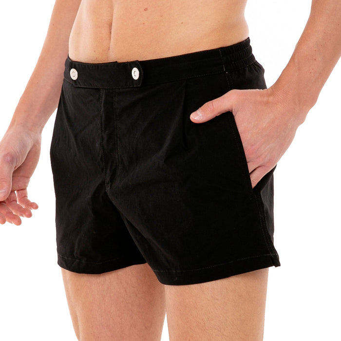 Solid Black Swim Shorts With Button Front Fastening Swimshort
