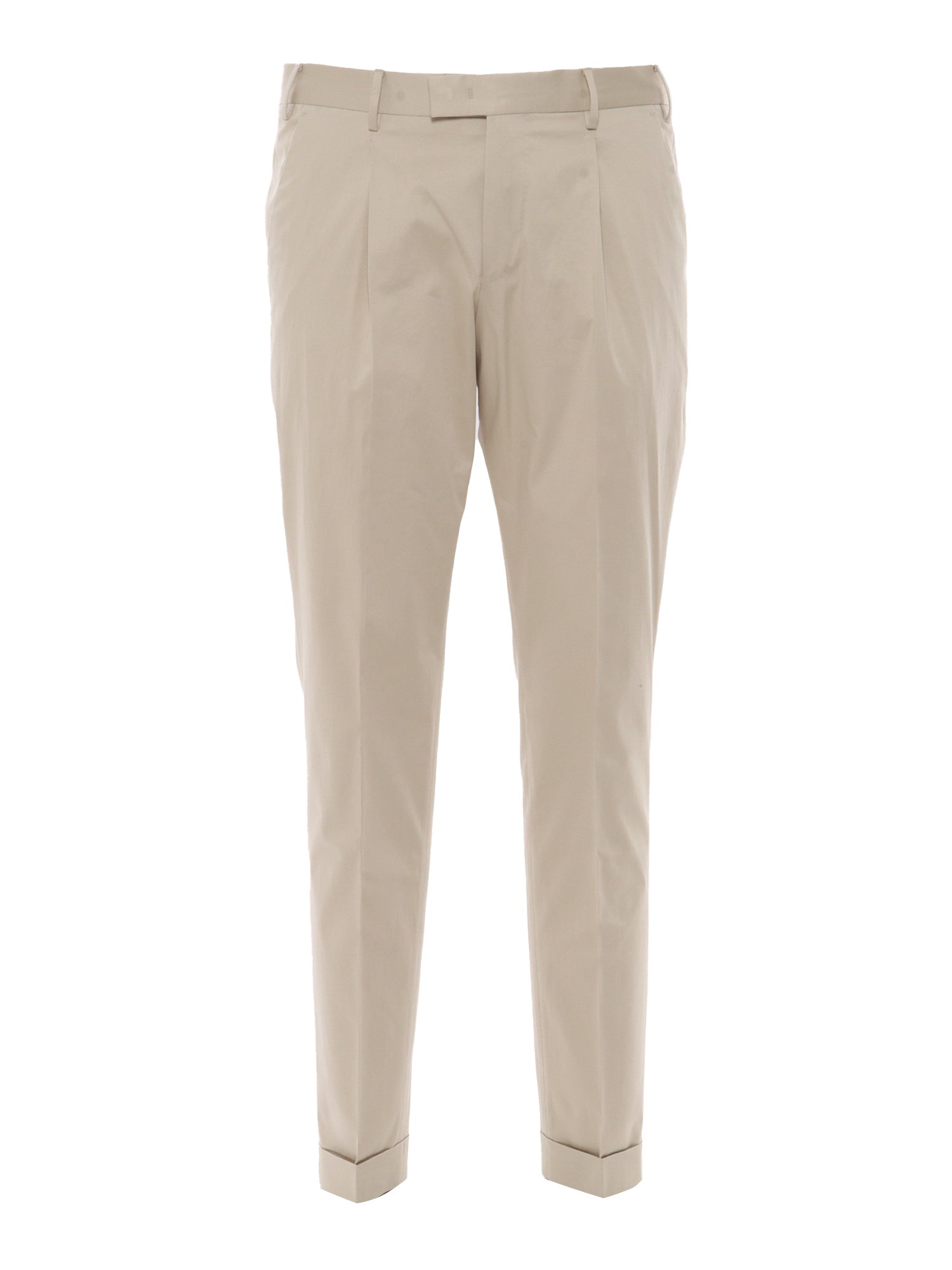 Trousers - MASTER, 1 Pleat, Diagonal Pockets, Flap Back Turn-Up Beige Cotton Elastane Pant