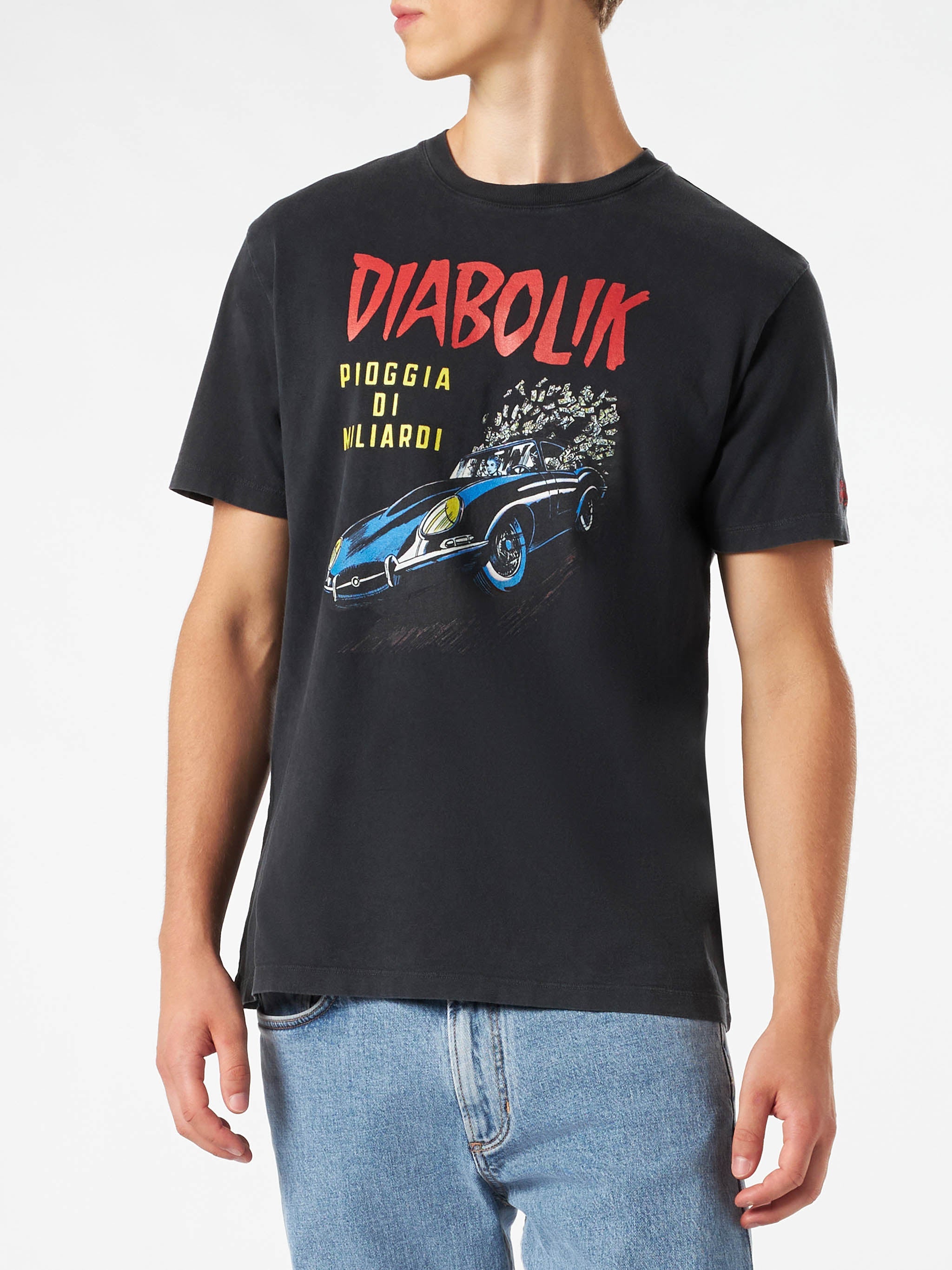 Man Cotton Vintage Treatment T-Shirt With Diabolik Car And Money Printed | Special Edition Black