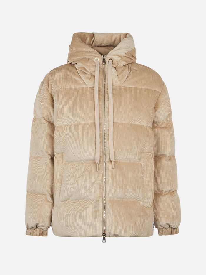 Geneve Beige Corduroy Hooded Down Jacket White