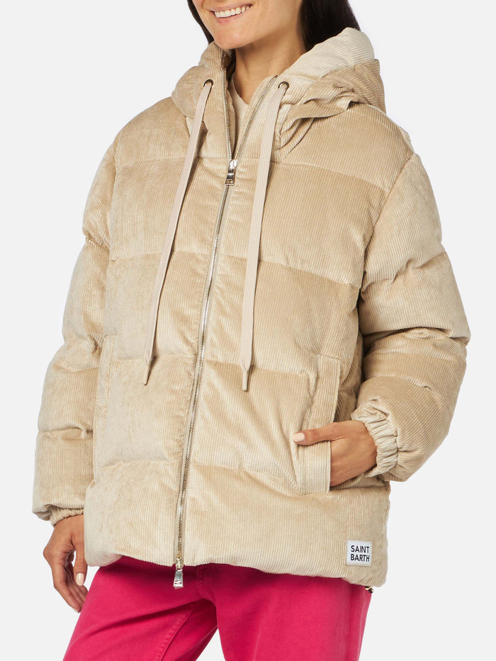 Geneve Beige Corduroy Hooded Down Jacket White