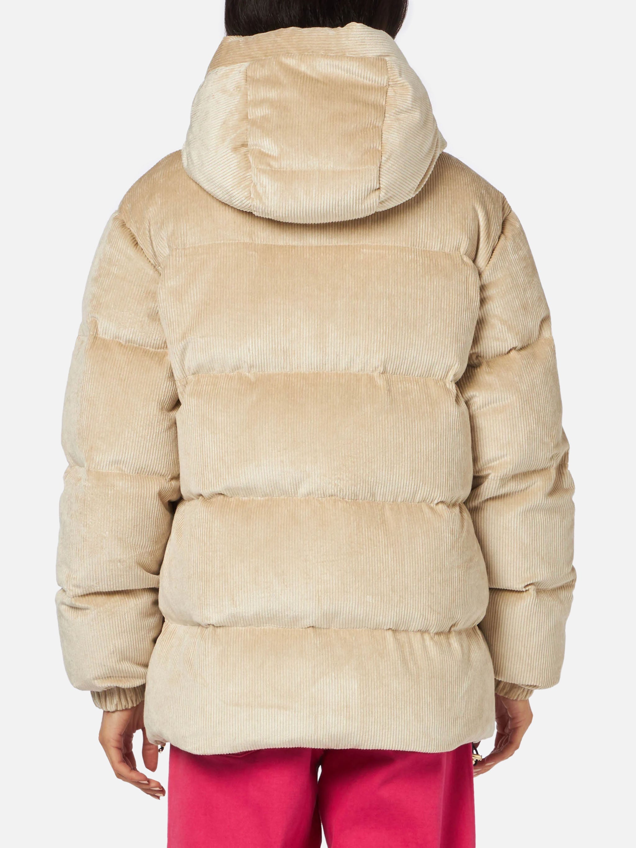 Geneve Beige Corduroy Hooded Down Jacket White