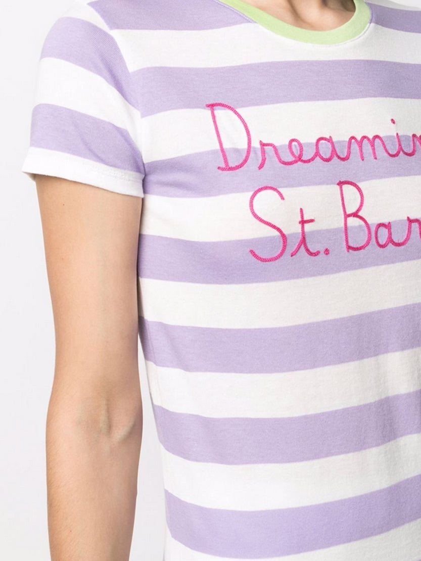 Dana Lilac And White Striped Cotton T-Shirt With St. Barth Is My Dream Embroidery Purple