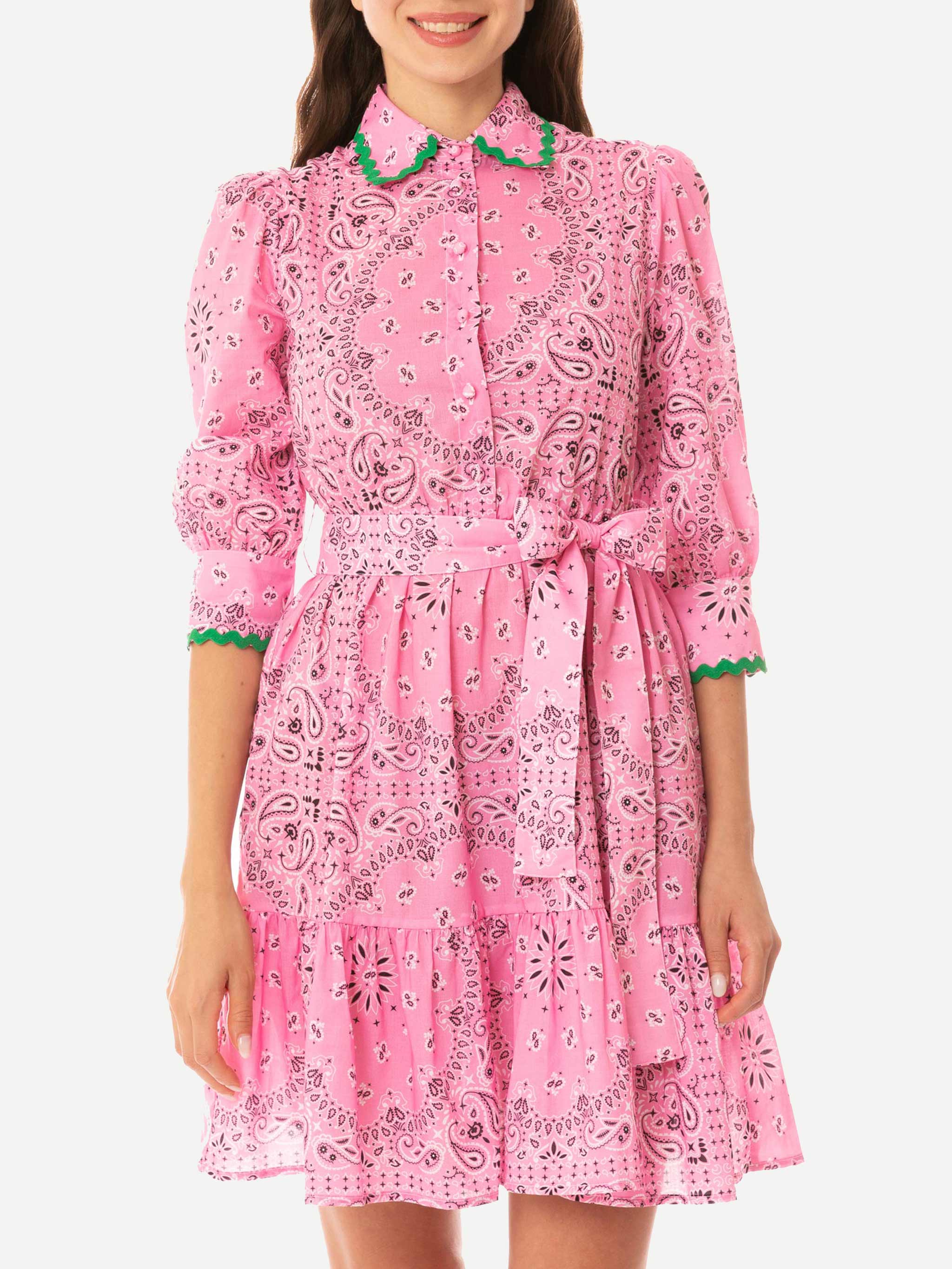 Bandanna Print Cotton Short Dress Daisi With Embroideries Pink