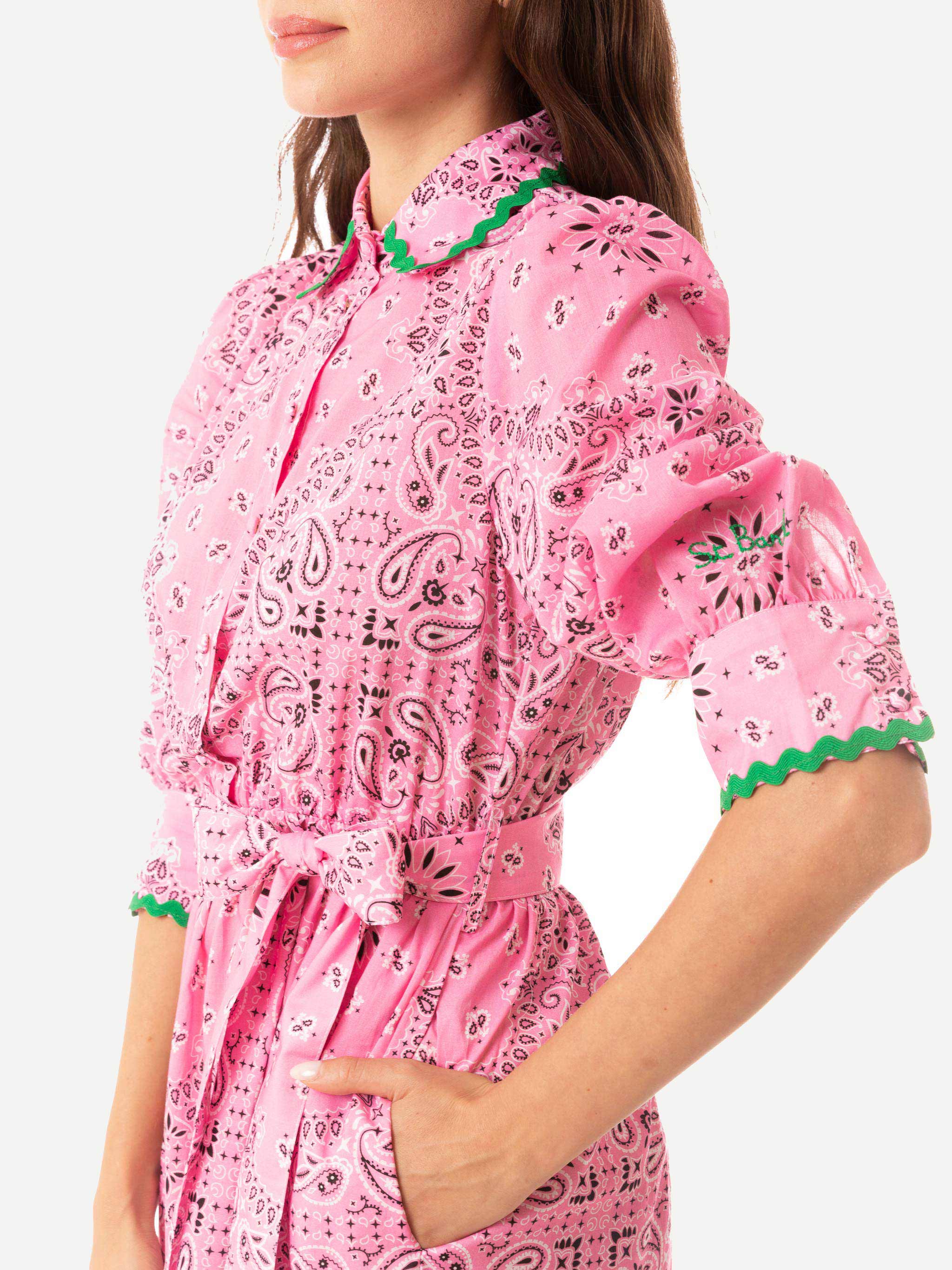 Bandanna Print Cotton Short Dress Daisi With Embroideries Pink