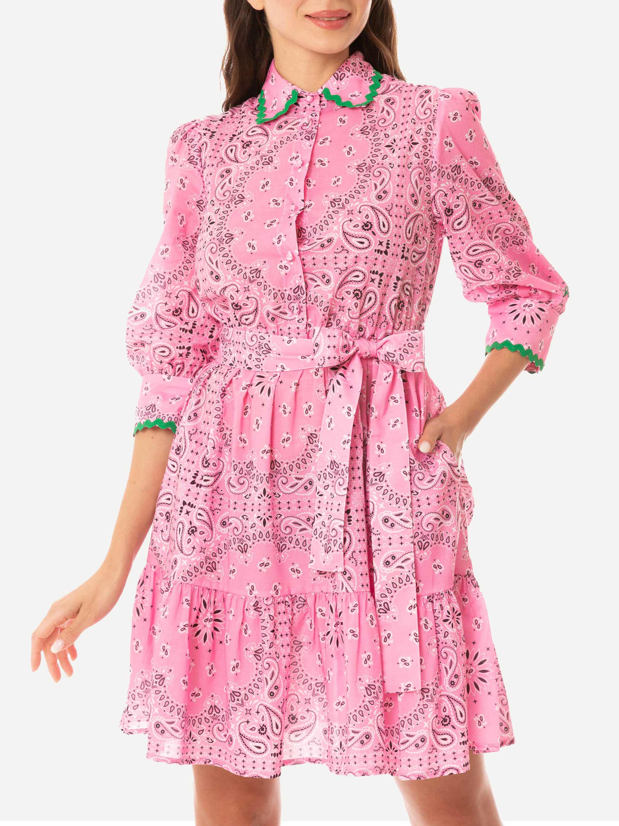 Bandanna Print Cotton Short Dress Daisi With Embroideries Pink