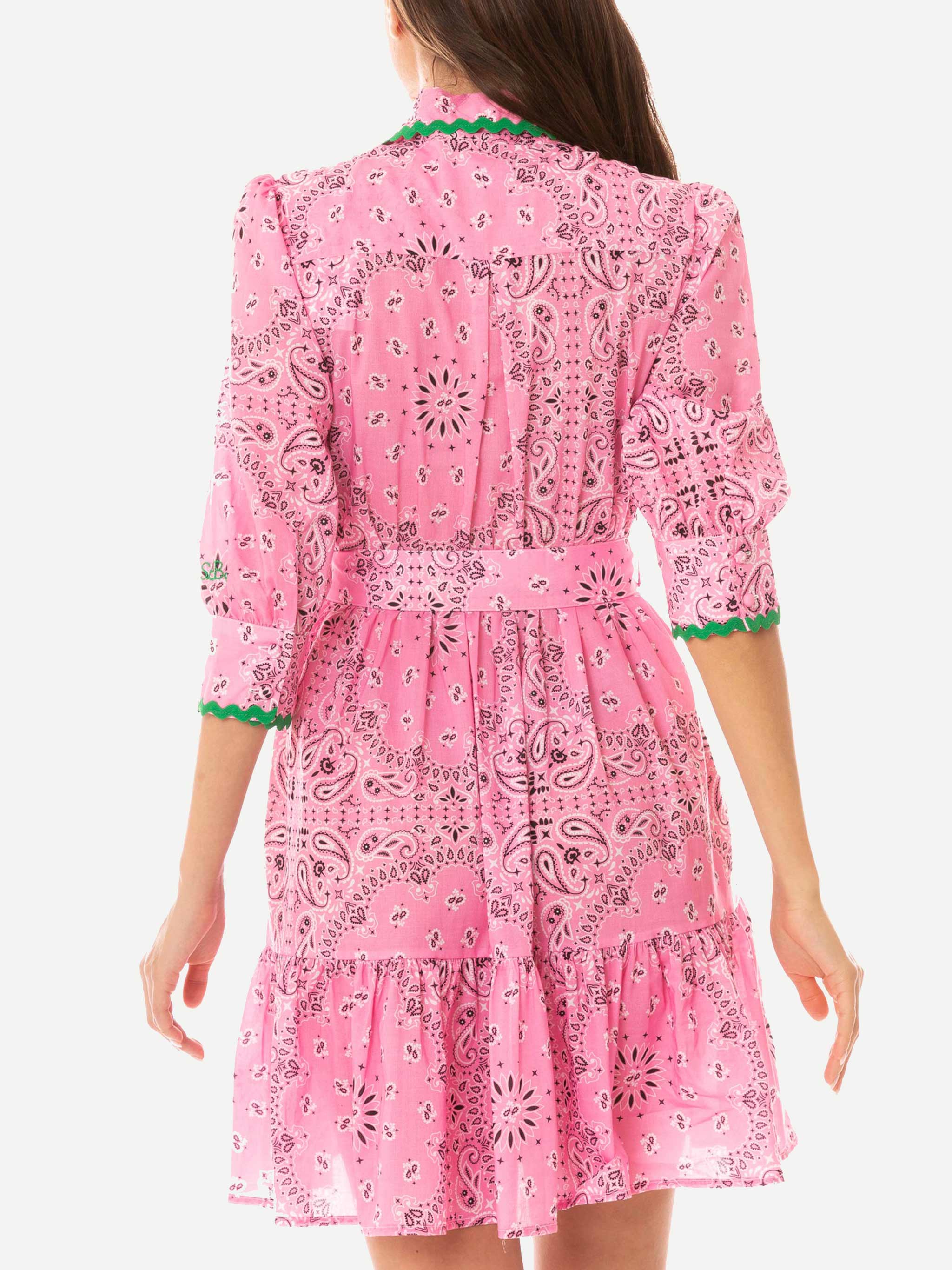 Bandanna Print Cotton Short Dress Daisi With Embroideries Pink