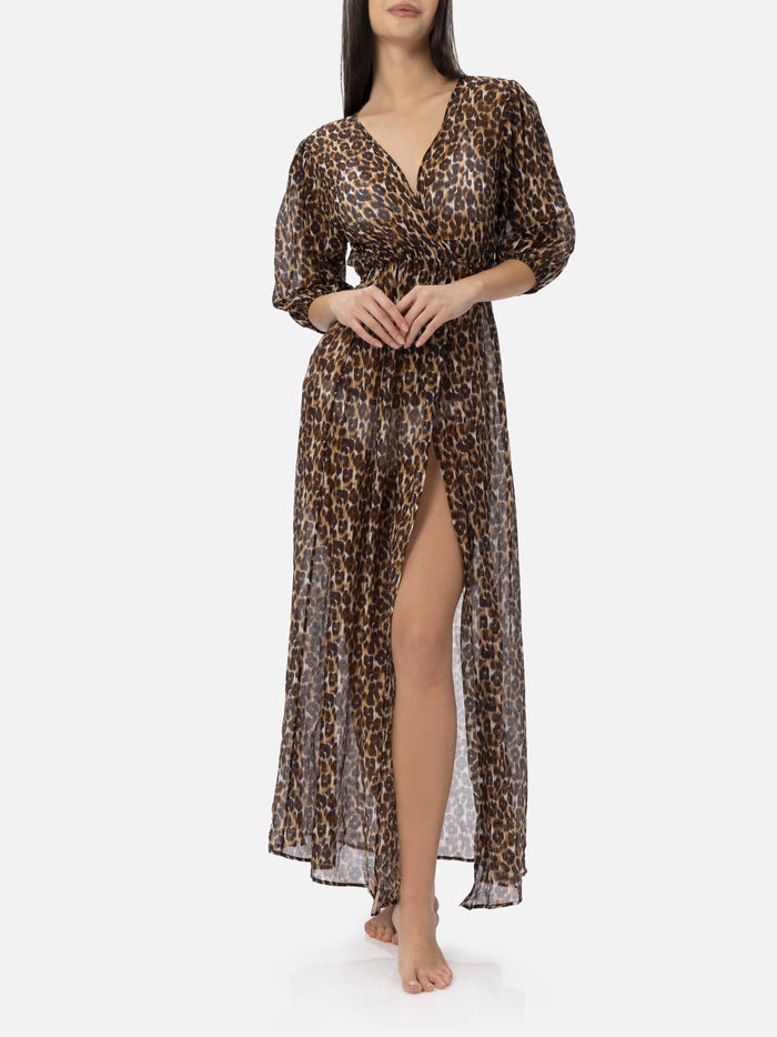Cotton And Silk Long Dress Bliss With Animalier Print Brown Beach Robe