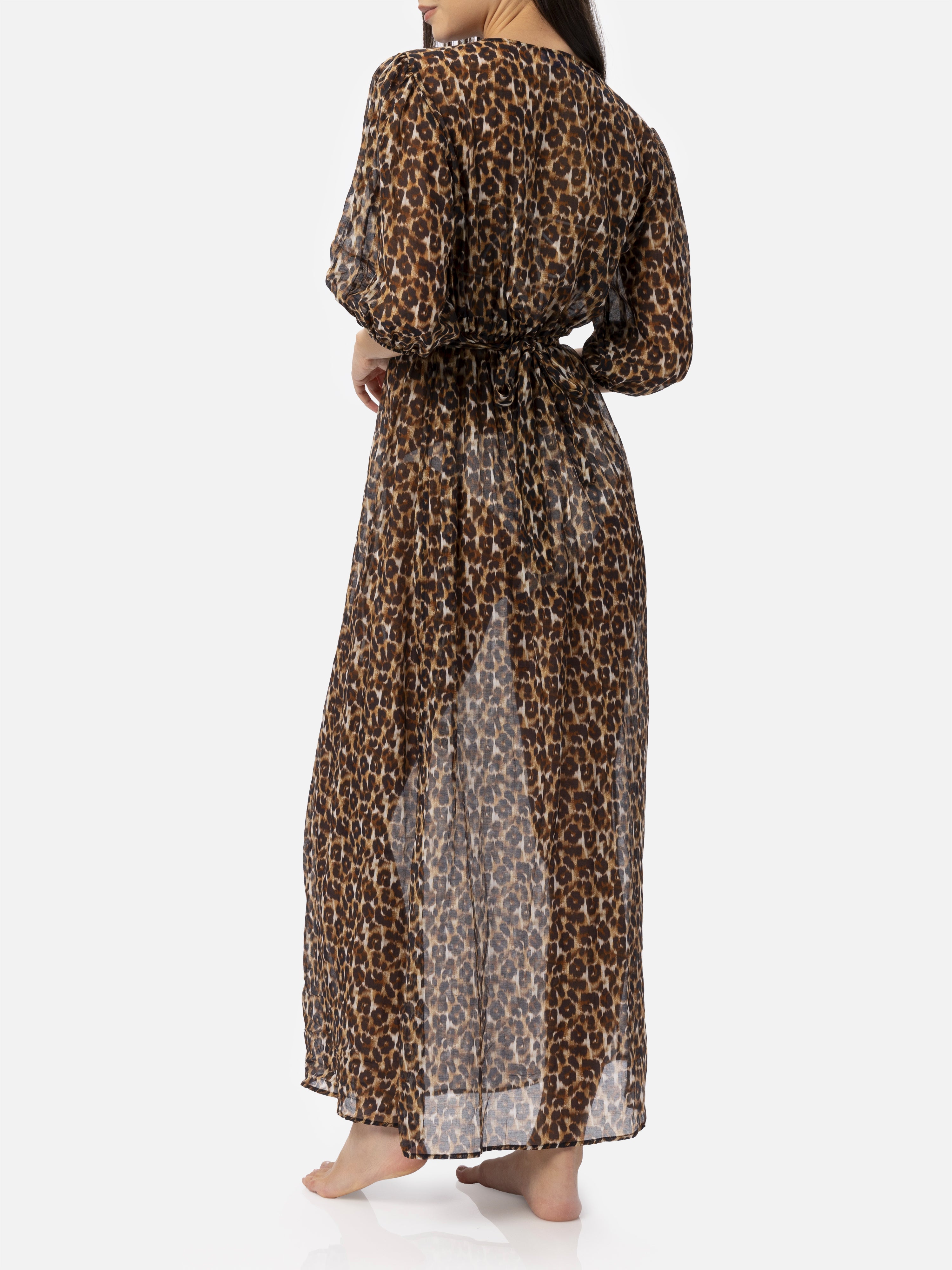 Cotton And Silk Long Dress Bliss With Animalier Print Brown Beach Robe