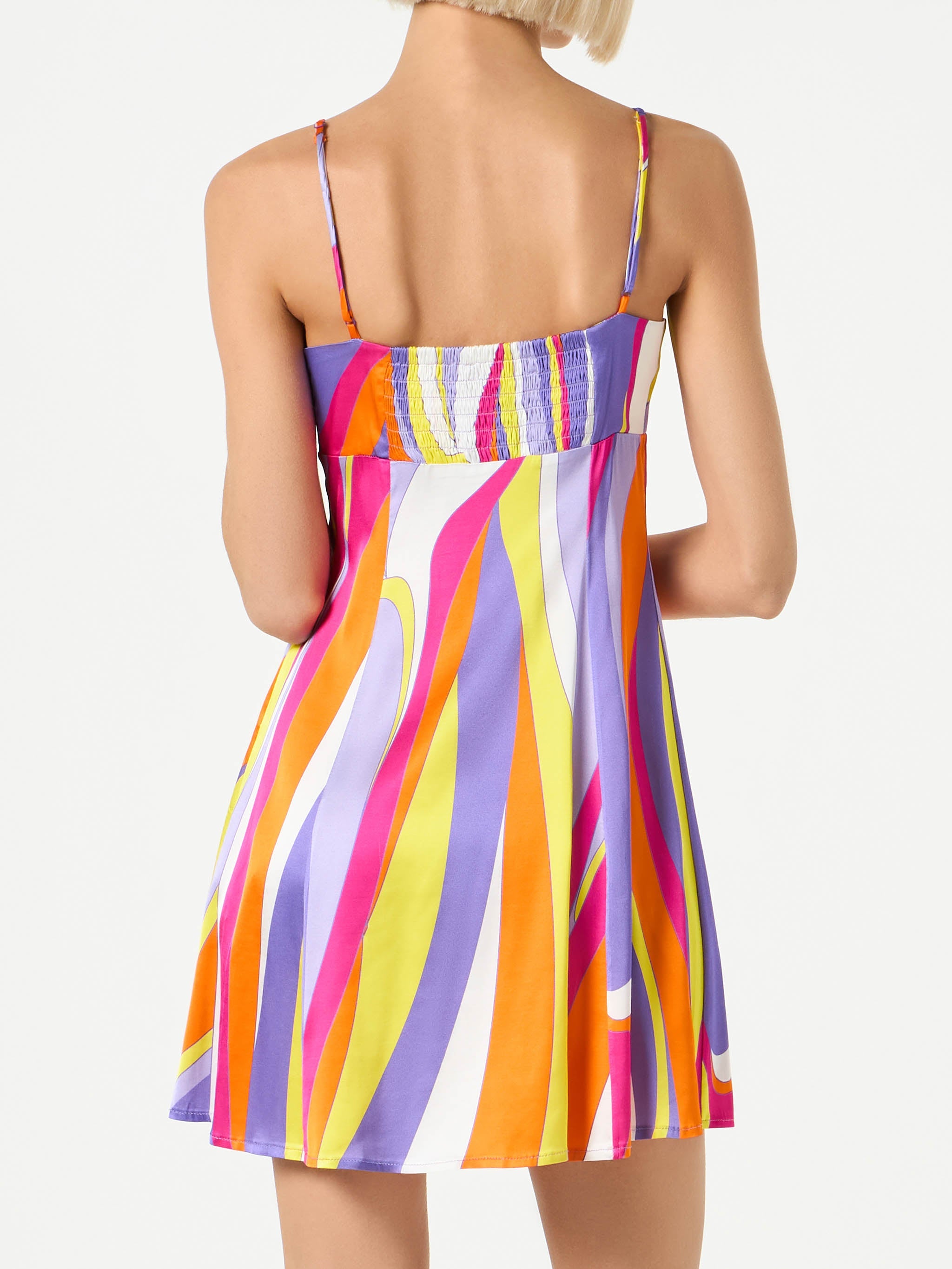Creamy Multicolor Wave Print Viscose Slip Dress Orange