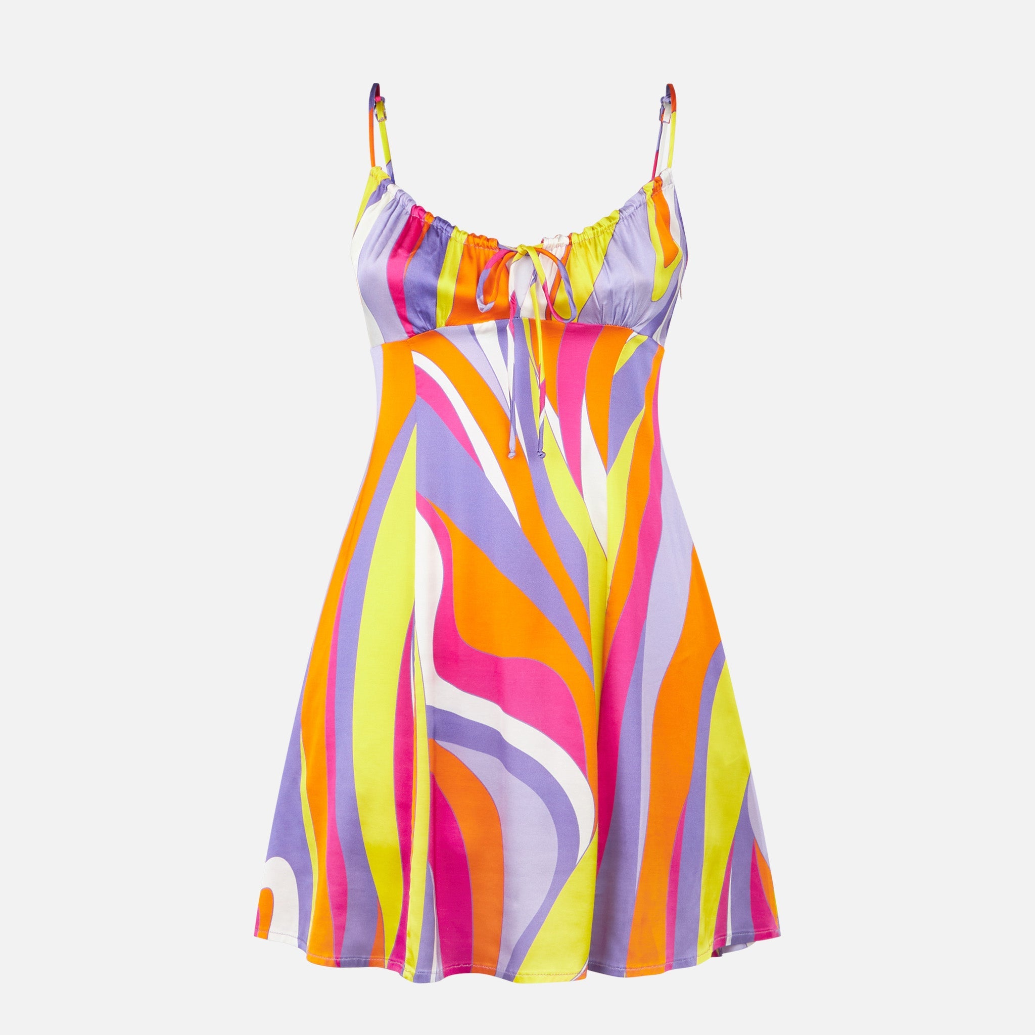 Creamy Multicolor Wave Print Viscose Slip Dress Orange