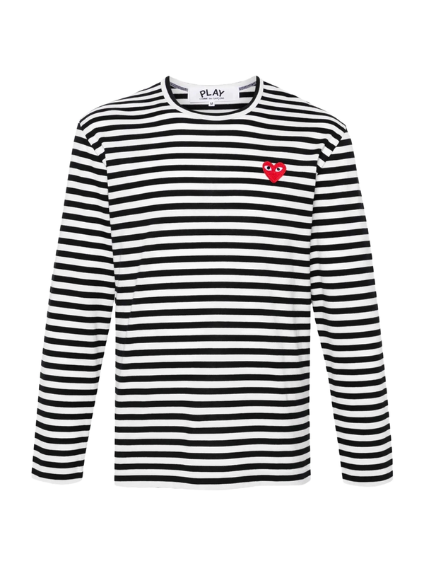 Comme Des Garçons Play Striped Red Heart T-Shirt Black Women >> Rtw Top