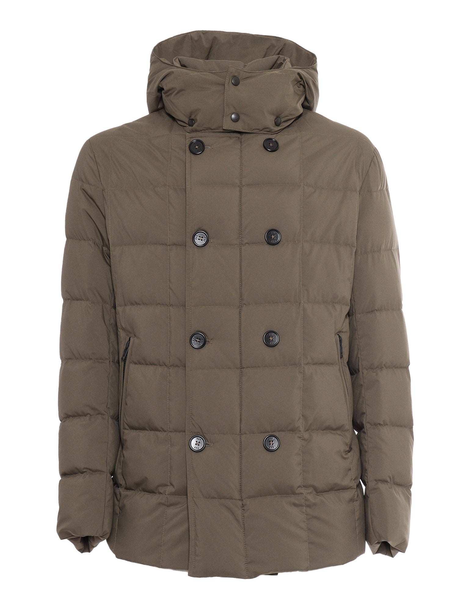 Double Breasted Hooded Down Jacket Green Short Puffer
