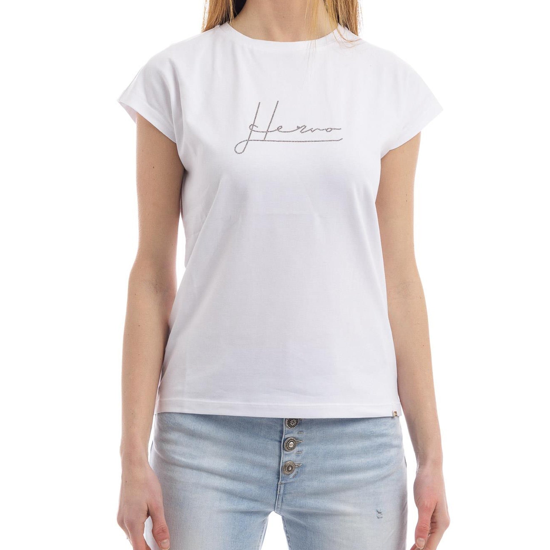 Herno Crystal-Embellished Logo T-Shirt White Cotton Elastane