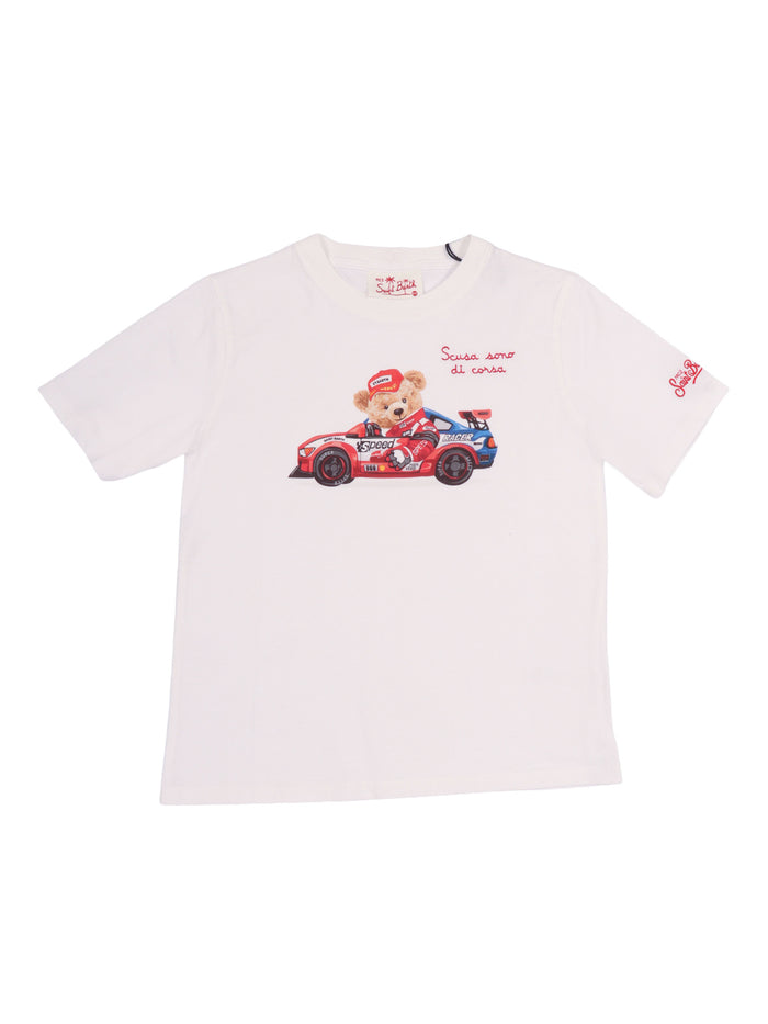 Denver Jr-Bear Racing 01n Emb White Cotton Short Sleeves T-shirt