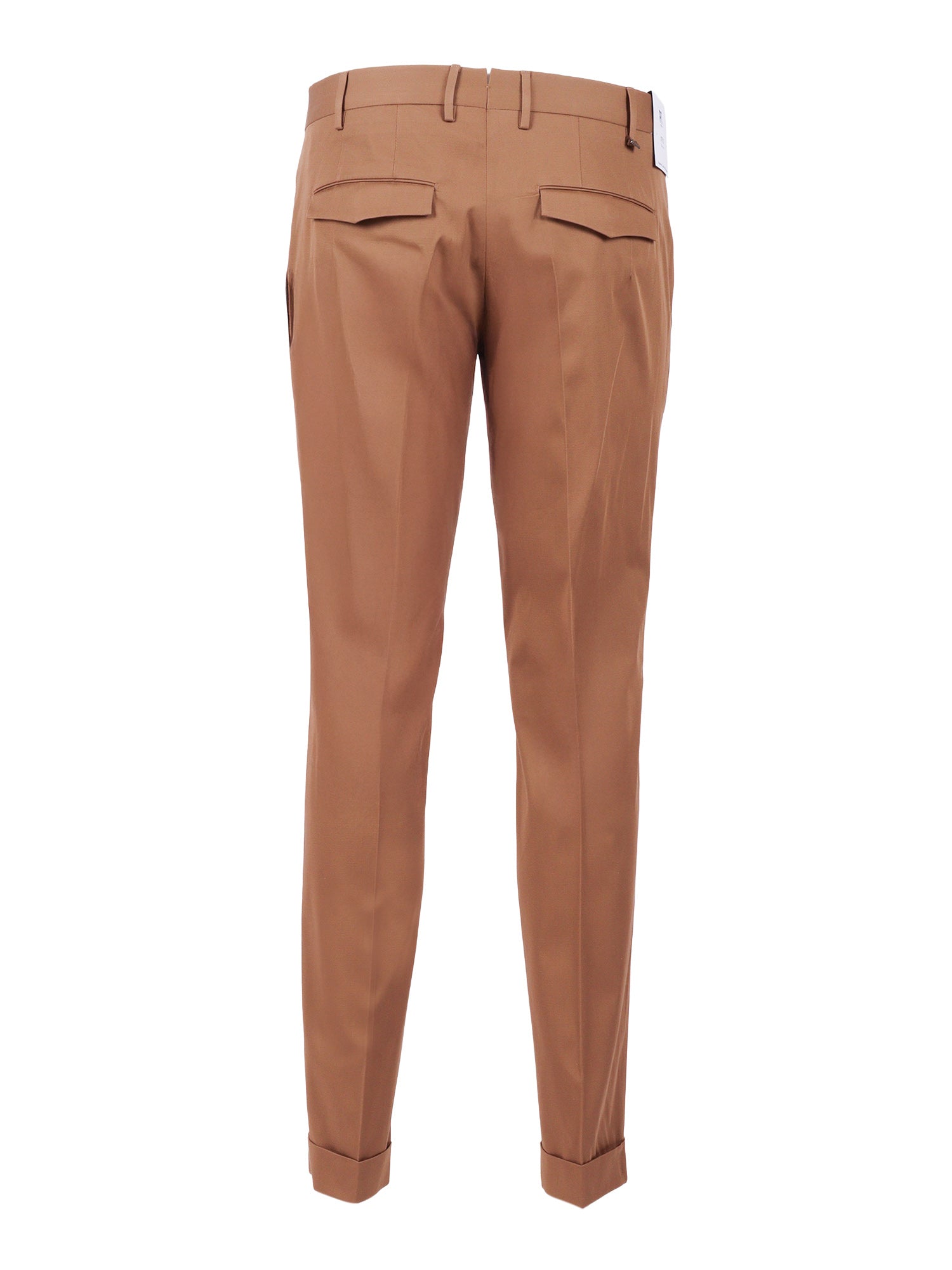 Master, 1 Pleat, Diagonal Pockets, Flap Back Turn-Up Beige Cotton Silk Elastane Pant